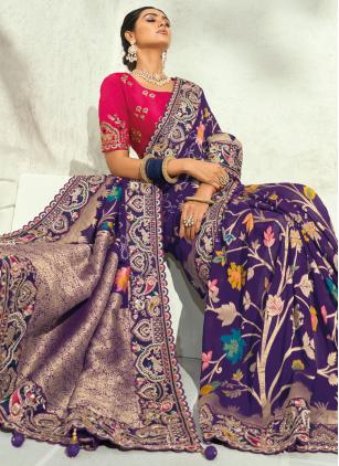 
                      Handwork Border Engagement Purple Pure Georgette Saree