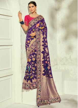 
                      Handwork Border Engagement Purple Pure Georgette Saree