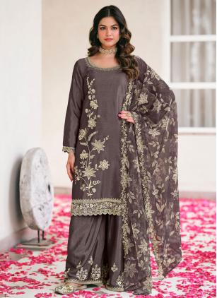 
                      Embroidered Brown Chinon Palazzo Salwar Suit