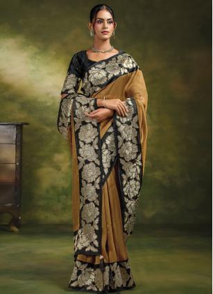 
                      Brown Organza Tissue Silk Contemporary Saree