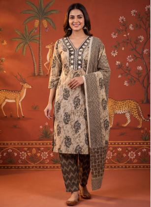 
                      Casual Beige Cotton Printed Trendy Salwar Kameez