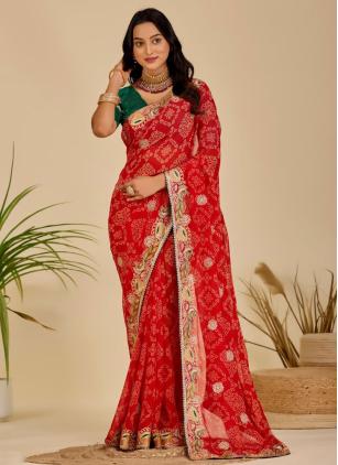 
                      Casual Red Georgette Bandhej Print Classic Saree