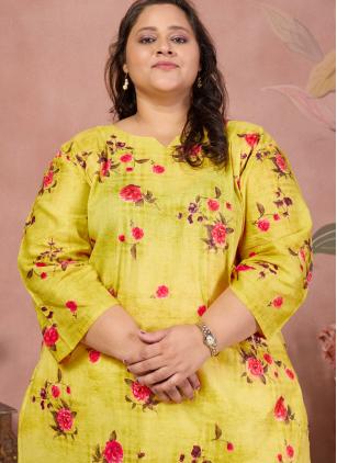 
                      Casual Yellow Cotton Printed Designer Plus Size Kurti