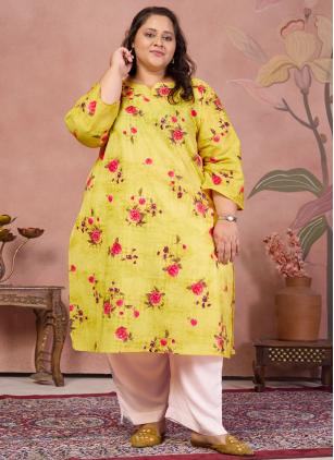 
                      Casual Yellow Cotton Printed Designer Plus Size Kurti