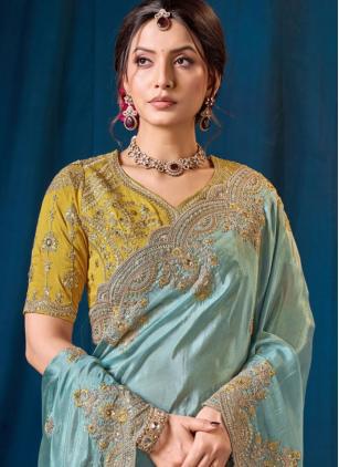 
                      Aqua Blue Embroidered Viscose Contemporary Saree