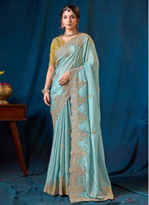 
                      Aqua Blue Embroidered Viscose Contemporary Saree