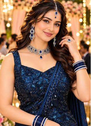 
                      Ceremonial Beads Crush Blue Contemporary Saree