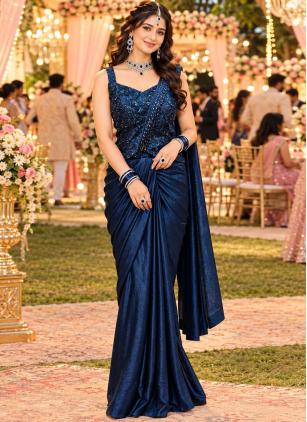 
                      Ceremonial Beads Crush Blue Contemporary Saree