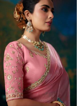 
                      Ceremonial Beads Fancy Fabric Aqua Blue and Pink Saree