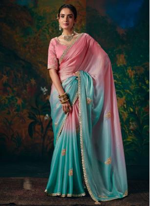 
                      Ceremonial Beads Fancy Fabric Aqua Blue and Pink Saree
