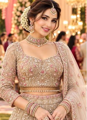 
                      Ceremonial Beads Net Beige Readymade Lehenga Choli