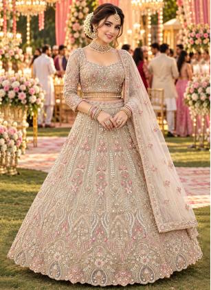 
                      Ceremonial Beads Net Beige Readymade Lehenga Choli