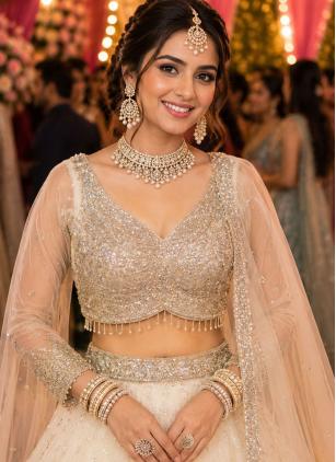 
                      Ceremonial Beads Net Off White Designer Lehenga Choli