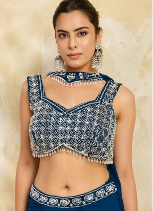 
                      Ceremonial Blue Chinon Lehenga Choli