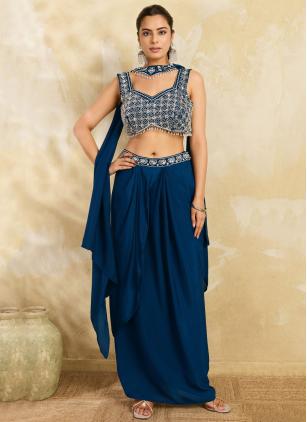 
                      Ceremonial Blue Chinon Lehenga Choli