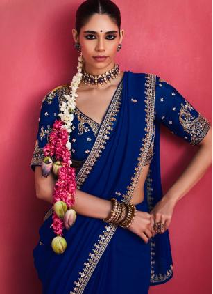 
                      Ceremonial Blue Fancy Fabric Embroidered Trendy Saree