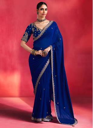 
                      Ceremonial Blue Fancy Fabric Embroidered Trendy Saree