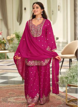 
                      Ceremonial Chinon Embroidered Rani Palazzo Salwar Kameez