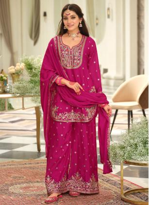 
                      Ceremonial Chinon Embroidered Rani Palazzo Salwar Kameez