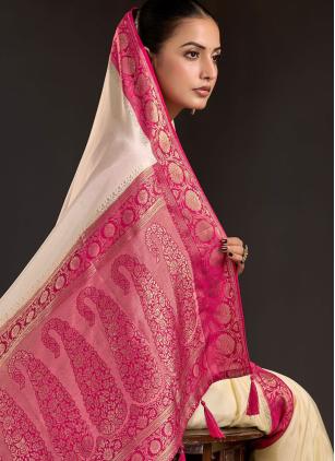 
                      Ceremonial Cream Viscose Woven Work Saree