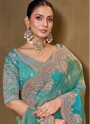 
                      Embroidered Tissue Georgette Aqua Blue Contemporary Saree