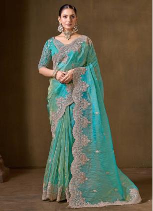 
                      Embroidered Tissue Georgette Aqua Blue Contemporary Saree