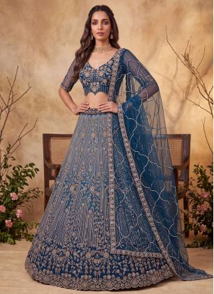 
                      Embroidered Net Aqua Blue Reception Lehenga Choli With Dupatta