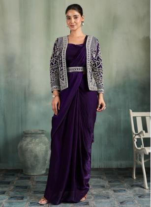 
                      Ceremonial Fandy Embroidered Purple Classic Saree With Jacket Style Blouse