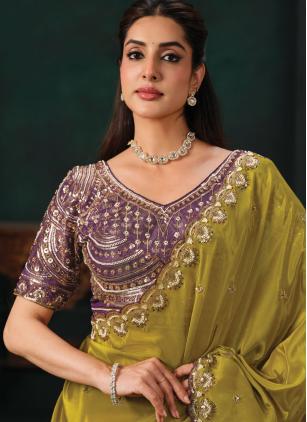 
                      Ceremonial Green Faux Crepe Satin Saree