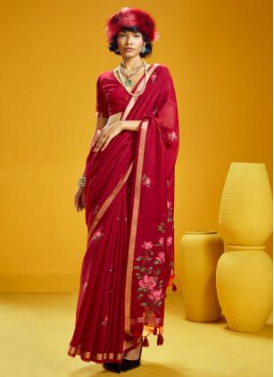 
                      Handloom Cotton Weaving Red Classic Saree
