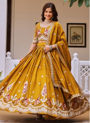 
                      Ceremonial Mustard Embroidered Designer Lehenga Choli