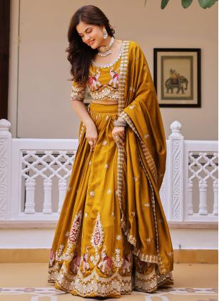 
                      Ceremonial Mustard Embroidered Designer Lehenga Choli