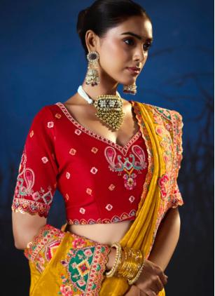 
                      Mustard Silk Embroidered Weaving Contemporary Wedding Saree
