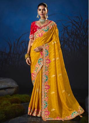 
                      Mustard Silk Embroidered Weaving Contemporary Wedding Saree