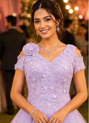 
                      Net Embroidered Lavender Designer Wedding Gown