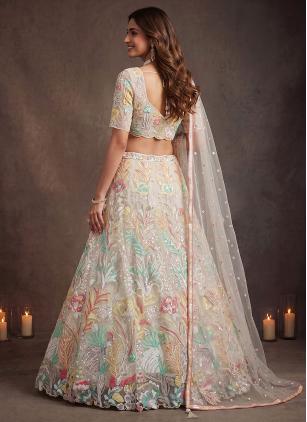 
                      Off White Embroidered Sequins Work Trendy Lehenga Choli