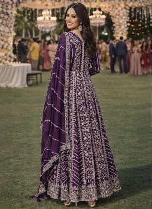 
                      Ceremonial Purple Embroidered Chinon Fabric Gown