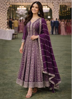 
                      Ceremonial Purple Embroidered Chinon Fabric Gown
