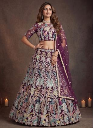 
                      Ceremonial Purple Embroidered Lehenga Choli With Dupatta