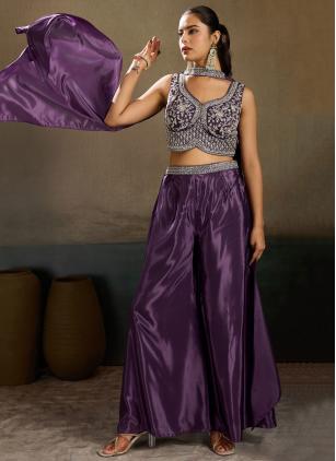 
                      Ceremonial Purple Embroidered Silk Palazzo Salwar Suit