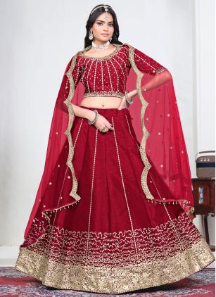 
                      Ceremonial Red Art Silk Embroidered Trendy Lehenga Choli
