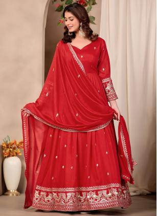 
                      Ceremonial Red Embroidered Art Silk Salwar Kameez With Dupatta