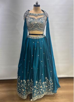 
                      Ceremonial Satin Beads Teal Readymade Lehenga Choli For Bridesmaid
