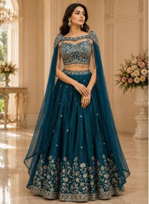 
                      Ceremonial Satin Beads Teal Readymade Lehenga Choli For Bridesmaid