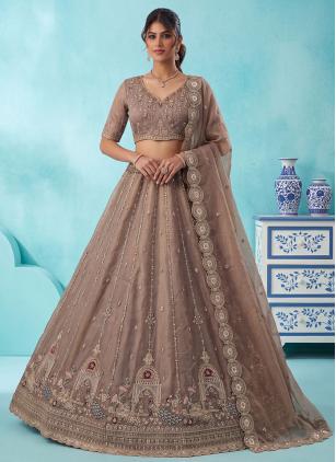
                      Ceremonial Silk Embroidered Brown Lehenga Choli