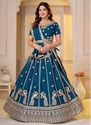 
                      Ceremonial Teal Chinon Designer Lehenga Choli