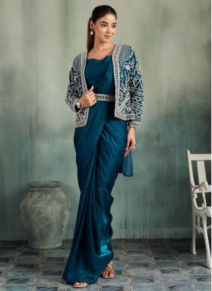 
                      Teal Embroidered Party Wear Saree With Jacket Style Top