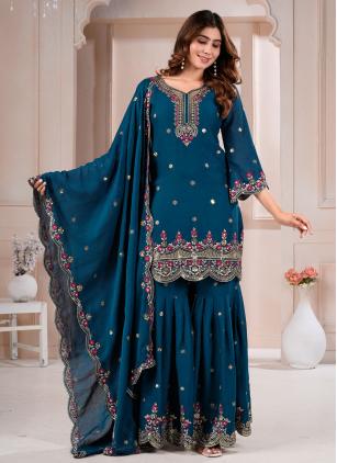
                      Ceremonial Teal Embroidered Crush Salwar Kameez