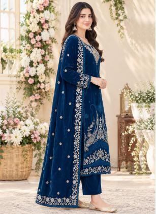 
                      Ceremonial Velvet Embroidered Blue Trendy Salwar Kameez