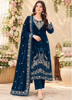 
                      Ceremonial Velvet Embroidered Blue Trendy Salwar Kameez
